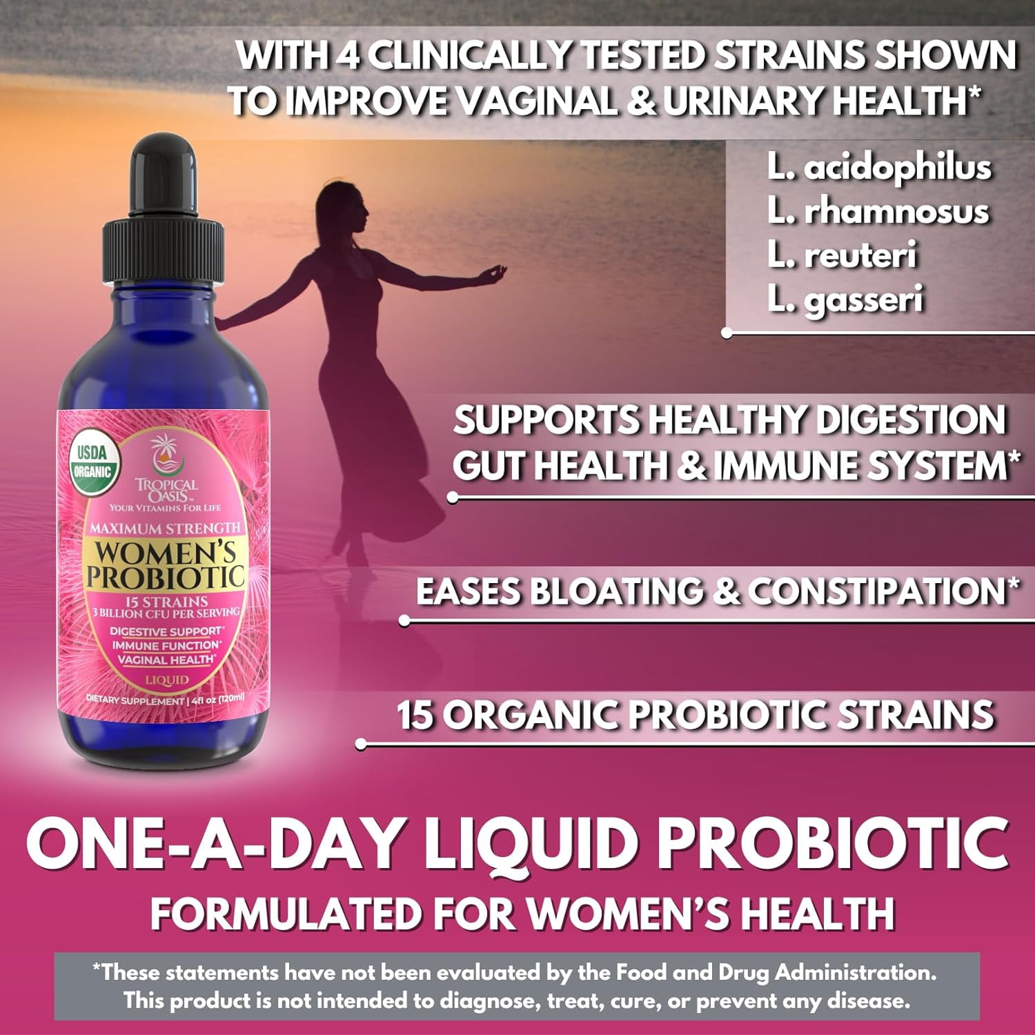 Tropical Oasis Women's Probiotic Drops, 15 Strains 3 Billion CFU Digestive Immune Support, Strawberry, 4 fl oz, 40 Servings