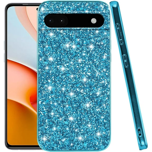 Compatible with Google Pixel 6A Case Glitter Bling Google Pixel 6A Phone Case for Girls Cute Bumper Shockproof Protective Cases (Blue)