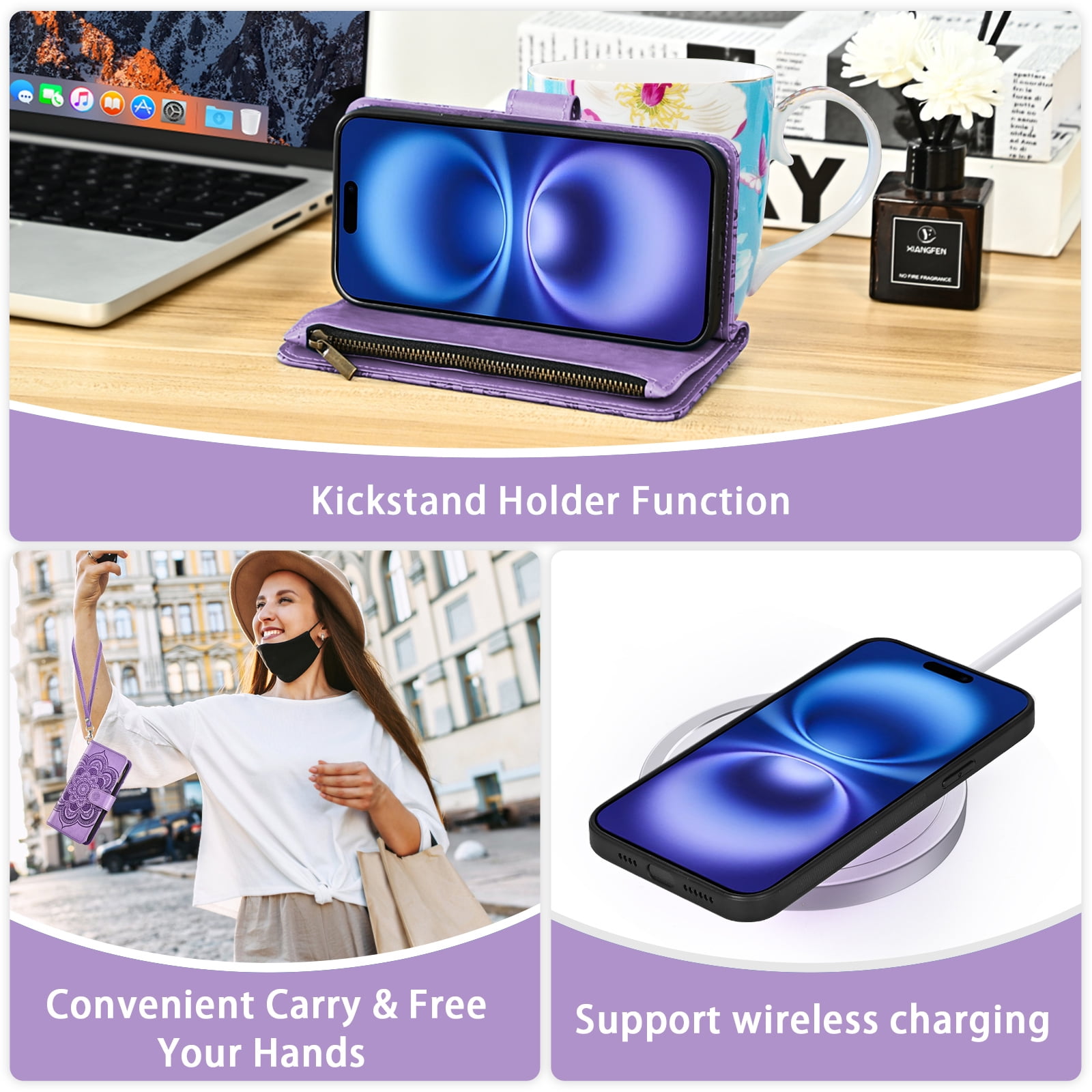 Asuwish Phone Case for iPhone 16 6.1 inch Zipper Wallet Magnetic Detachable Cell Cover with Tempered Glass Screen Protector Crossbody Strap Flower Card Holder Slot i Phone16 i16 16Case Women Purple