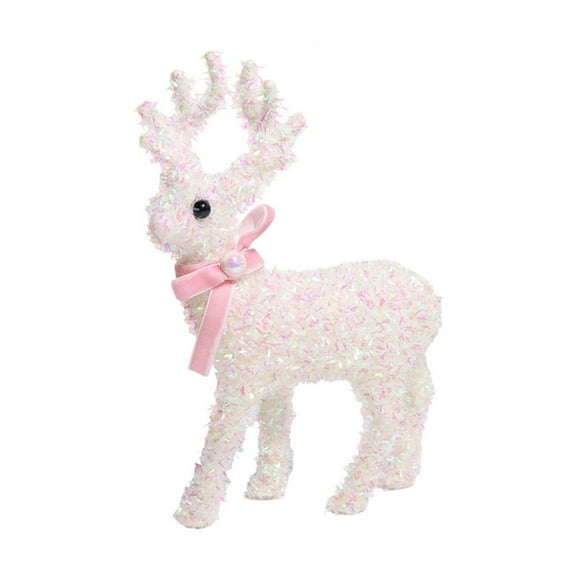 8.5" Pink Sequin Reindeer Christmas Figurine, Sparkling Xmas Deer Decoration with Bell & Bow for Tabletop, Mantel, Shelf, Window Display & Holiday Home Décor
