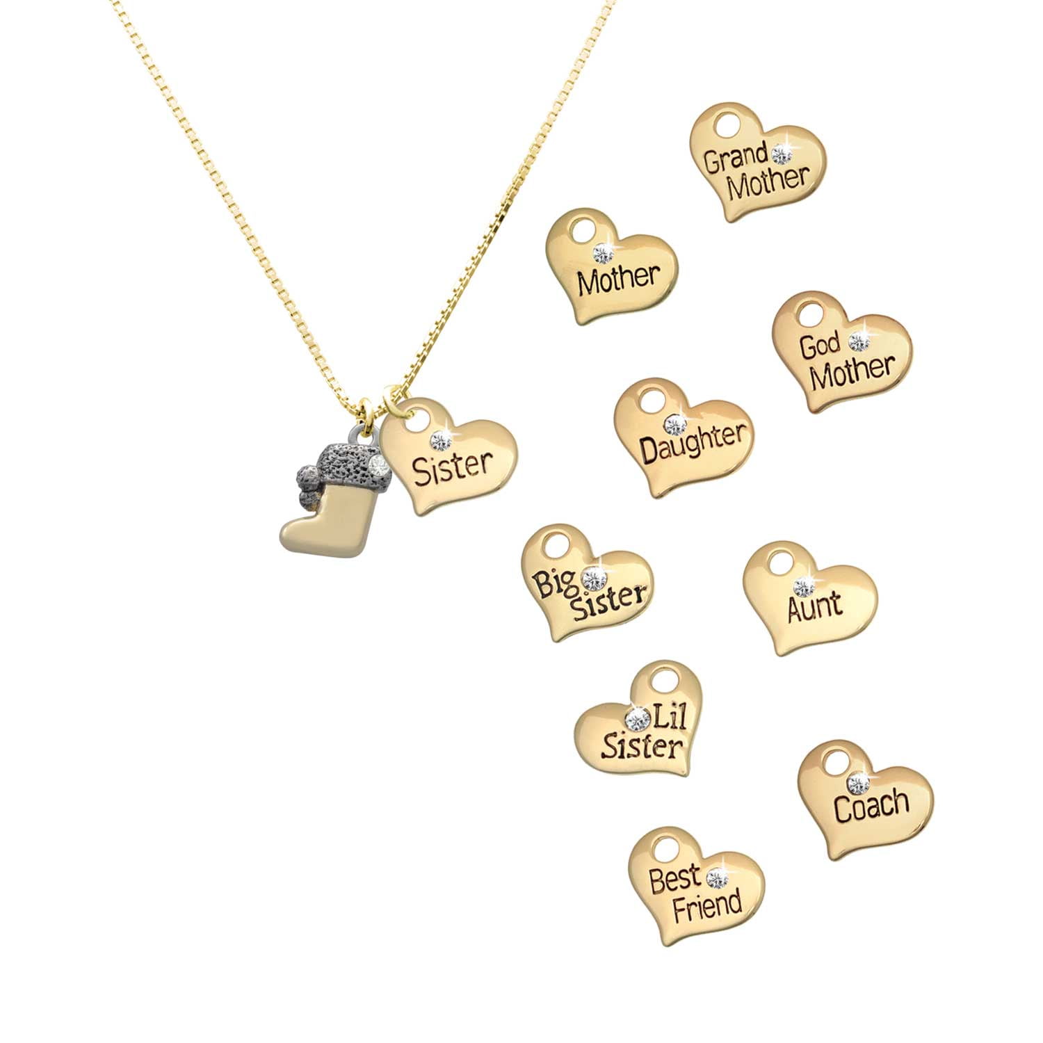 Delight Jewelry Two-tone 3-D Stocking with Clear Crystal - Large Goldtone Aunt Heart Charm Necklace, 17.5"+2" Extender