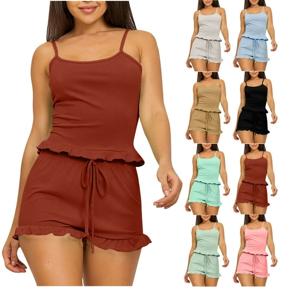 ZZwxWA Womens Sexy Pajamas Sets Ruffle Sleeveless Tops with Shorts Nightwear Matching Pj Sets Camisole Sleepwear Lounge Sets Solid Color