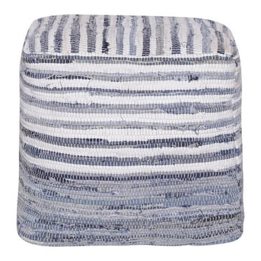 HomeRoots 18" Blue Cotton Cube Striped Pouf Ottoman