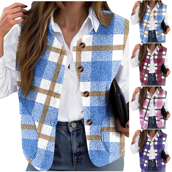 Mgmyaa Women's Plaid Vest Sleeveless Collarless Loose Fit Button Down Warm Outerwear for Winter Daily Wear
