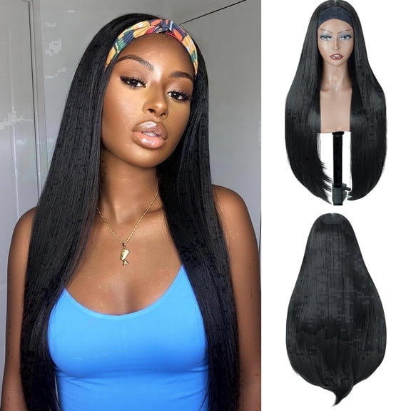 QUEENTAS 30 Inch Headband Wig for Women Black Straight Synthetic Headband Wig Glueless Heat Resistant Natutal Looking for Daily Party Use