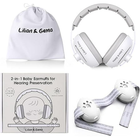 2-in-1 Baby Ear Muffs Noise Protection, Adjustable Headphones with Stretchy Band, Noise Cancelling for Toddler up to 4 Years, Airplane Essentials/Outdoor, White