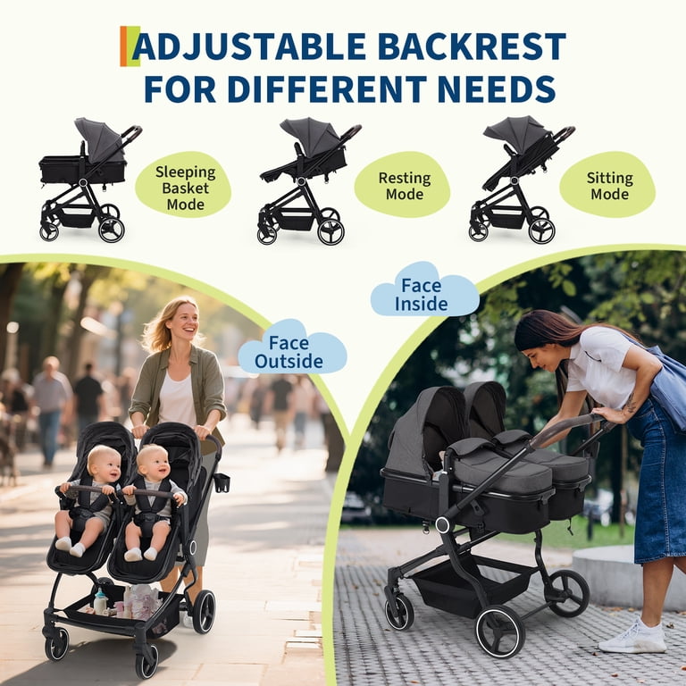 Roromall Side by Side Double Stroller for Twins, Adjustable Compact Folding  Baby Travel Stroller with High Landscape Seat, Lightweight Canopy & ...