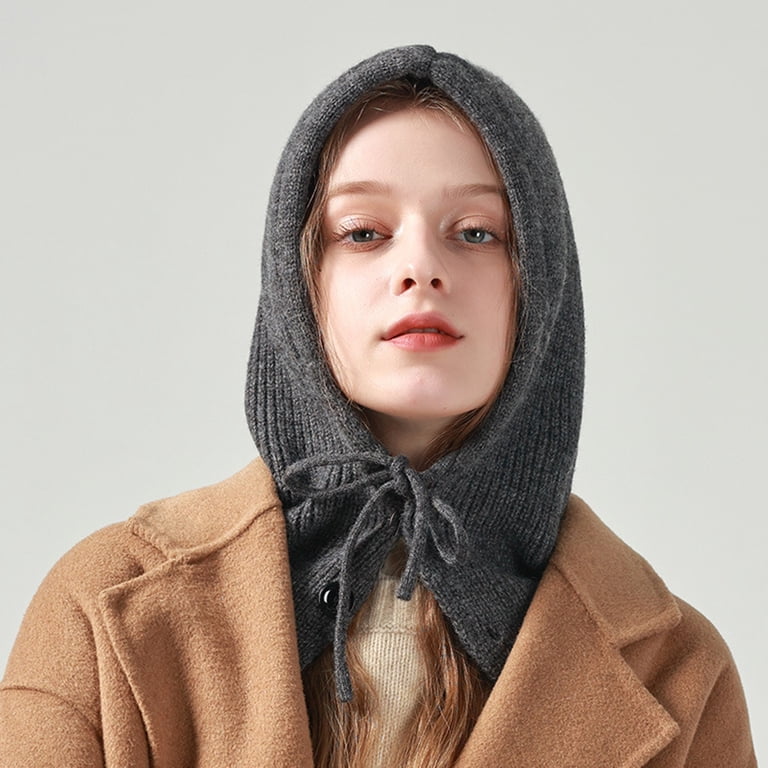 Women Winter Knit Beanie Hat with Drawstring Hooded Scarf for Warmth Diufon Winter Hooded Scarf Hat for Women Knitted Warm Button  main image 2