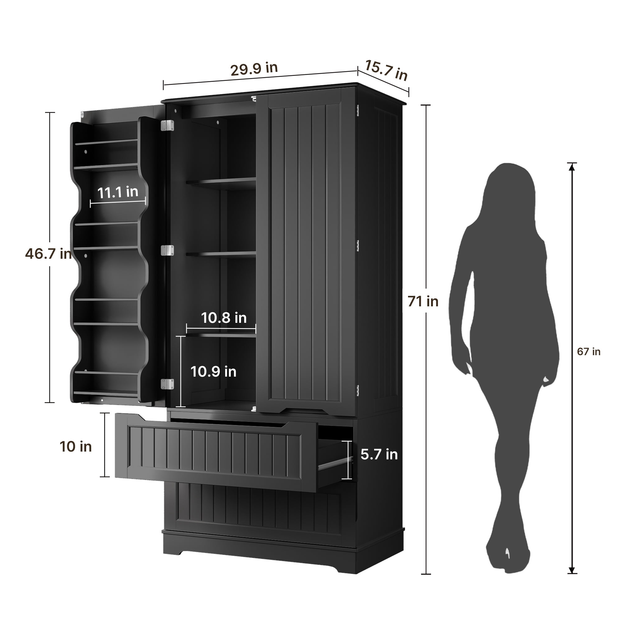 Pantry Cabinet, Asofer 71" Pantry Storage Cabinet with 2 Doors , 11 Shelves & 2 Drawers for Kitchen Dining Room, Black