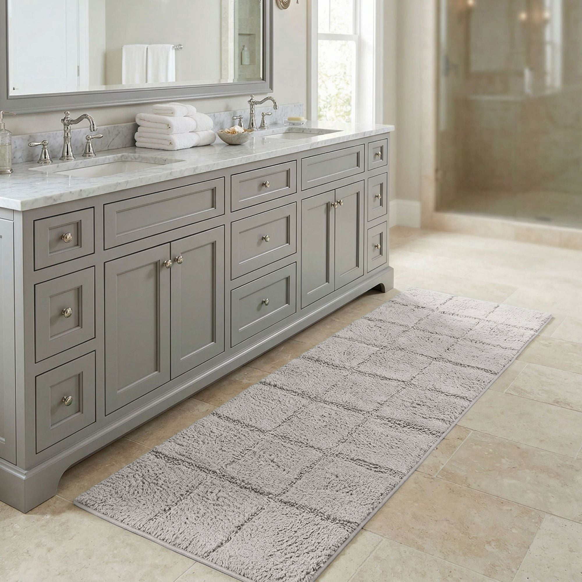 Superior Checkered Cotton Washable Non-Slip Bath Rug, Runner Size, Silver