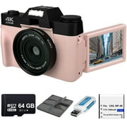 Acuvar 4K 48MP Digital Camera for Photography, Vlogging Camera for YouTube with 3 180 Flip Screen, WiFi, 16X Zoom, Rechargeable Battery, 64GB Micro SD Card, 6 PC Card Holder, USB Card Reader (Pink)