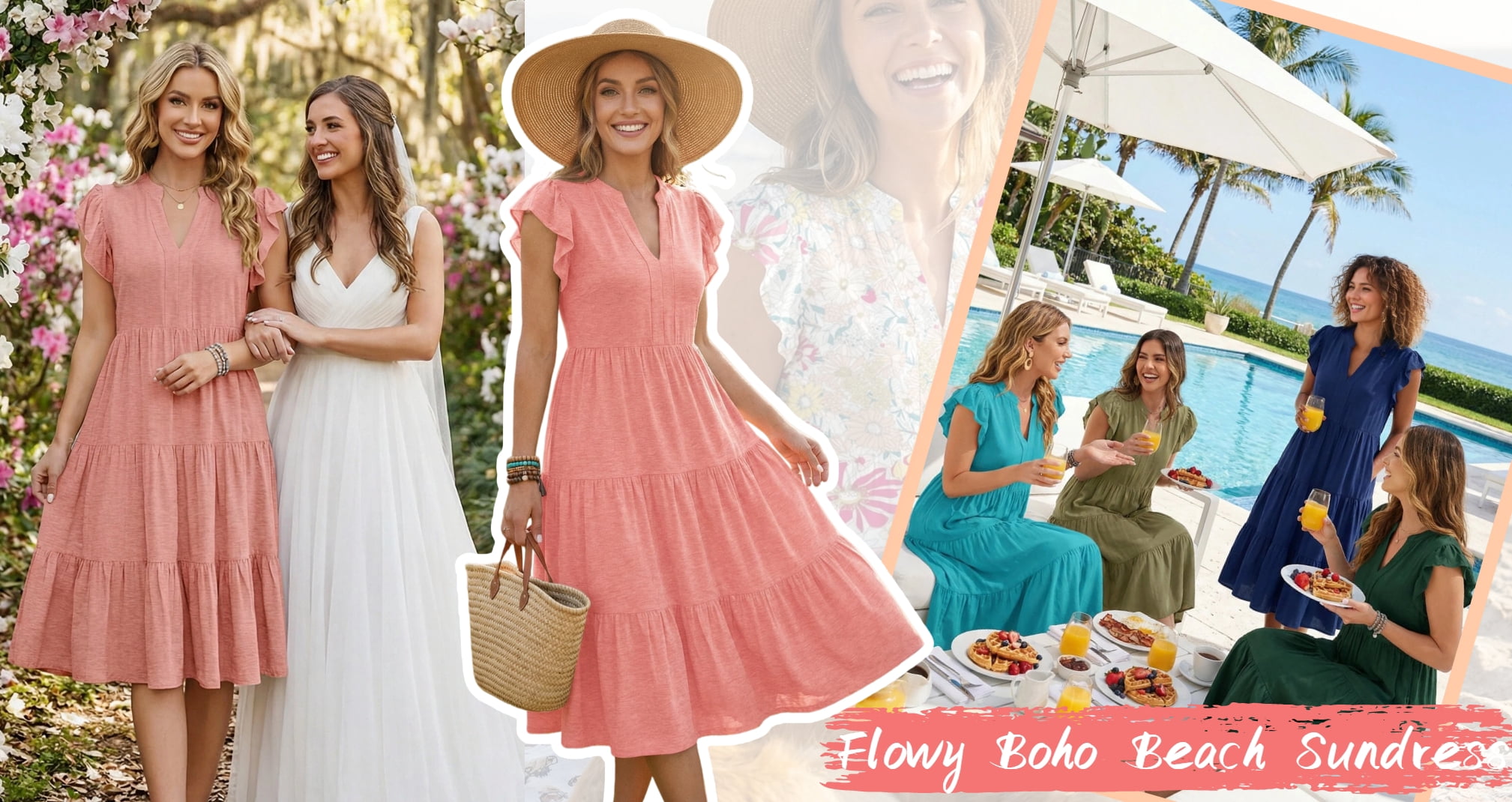 UVN Summer Dresses for Women Ruffle Sleeve V Neck Midi Dress Casual Beach Sundress with Pockets