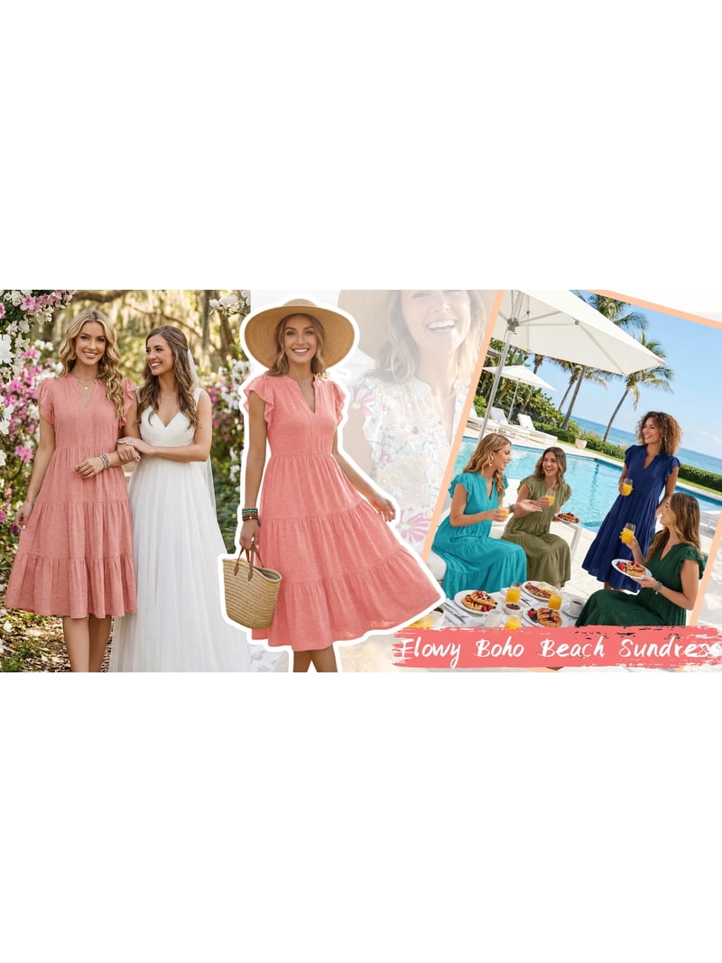 UVN Summer Dress for Women Ruffle Sleeve V Neck Midi Casual Beach Sundress  with Pockets - Walmart.com