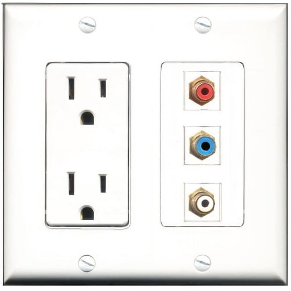 RiteAV - 15 Amp Power Outlet 1 Port RCA Red 1 Port RCA White 1 Port RCA Blue Decorative Wall Plate