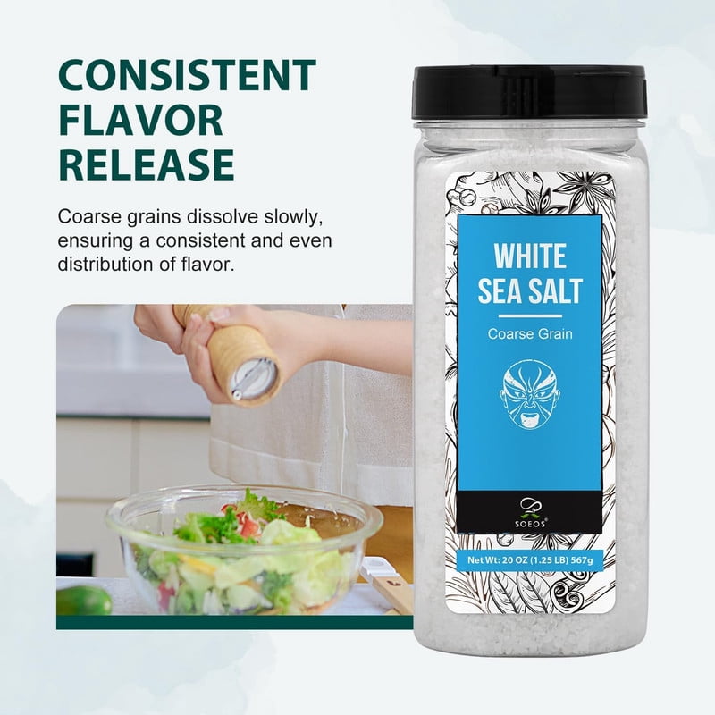Soeos White Sea Salt, Coarse Grain, 20 oz (1.25 lbs), 2 Pack, Total Weight of 40 oz (2.50 lbs)