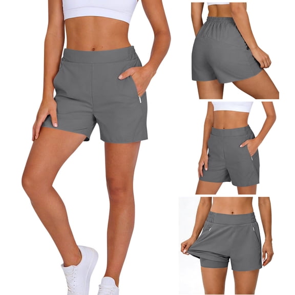 Tennis Shorts Womens Stretchy Running Shorts with Inner Shorts High Waist Athletic Workout Shorts Hidden Zipper Pockets Active Wear Gray XXL