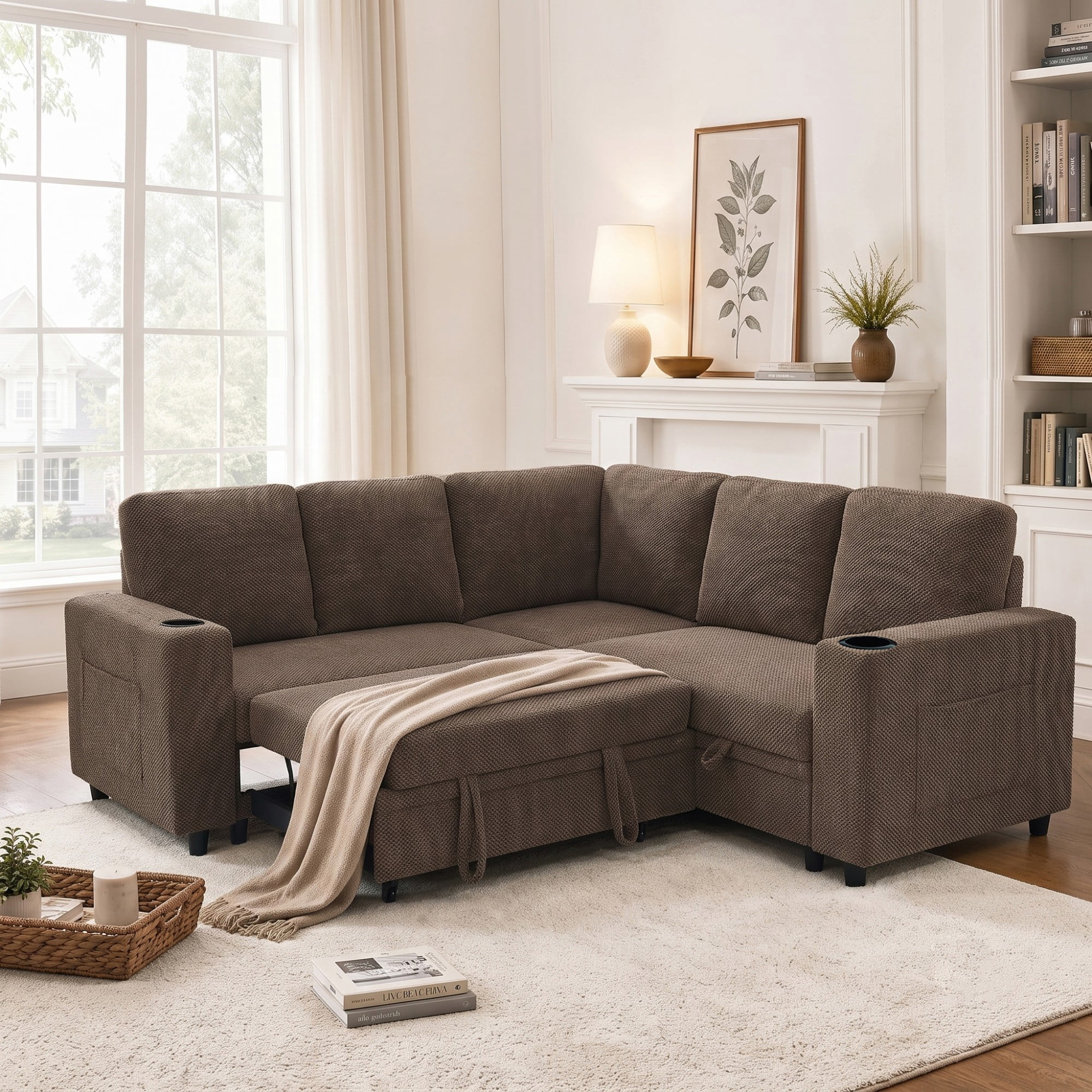BSHTI 76.5" Polyester L-Shaped Sectional Sofa Bed with Hidden Storage, Cup Holders, Side Pockets, Pull-Out Design for Living Room(Coffee)