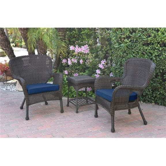 W00215-2-CES011 Windsor Espresso Wicker Chair & End Table Set with Blue Cushion