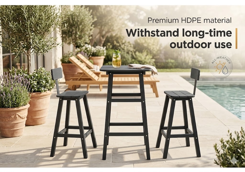 3 Piece Outdoor Bar Set Patio HDPE Dining Set with Square High-Top Table Footrest & Backrest