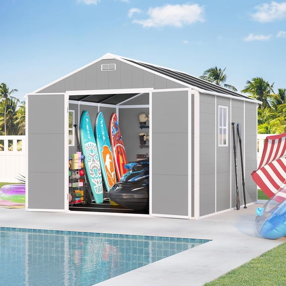 Resin Storage Shed 8x8 ft, Outdoor Garden Shed with Floor, Window, Lockable Doors & Vents, 12mm Thick Waterproof PP Board for Backyard Patio (Grey, 8x8ft)