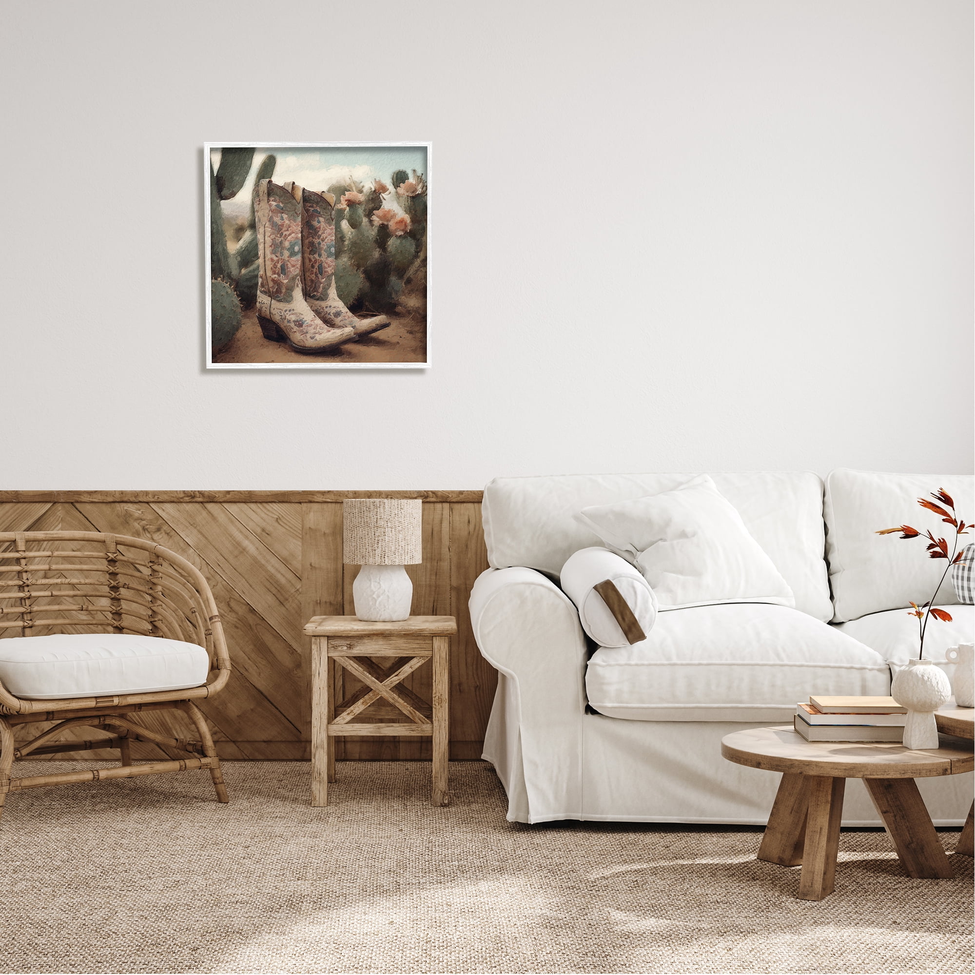 Stupell Industries Cowboy Boots & Cactus Beauty & Fashion Painting White Framed Art Print Wall Art, 24 x 24