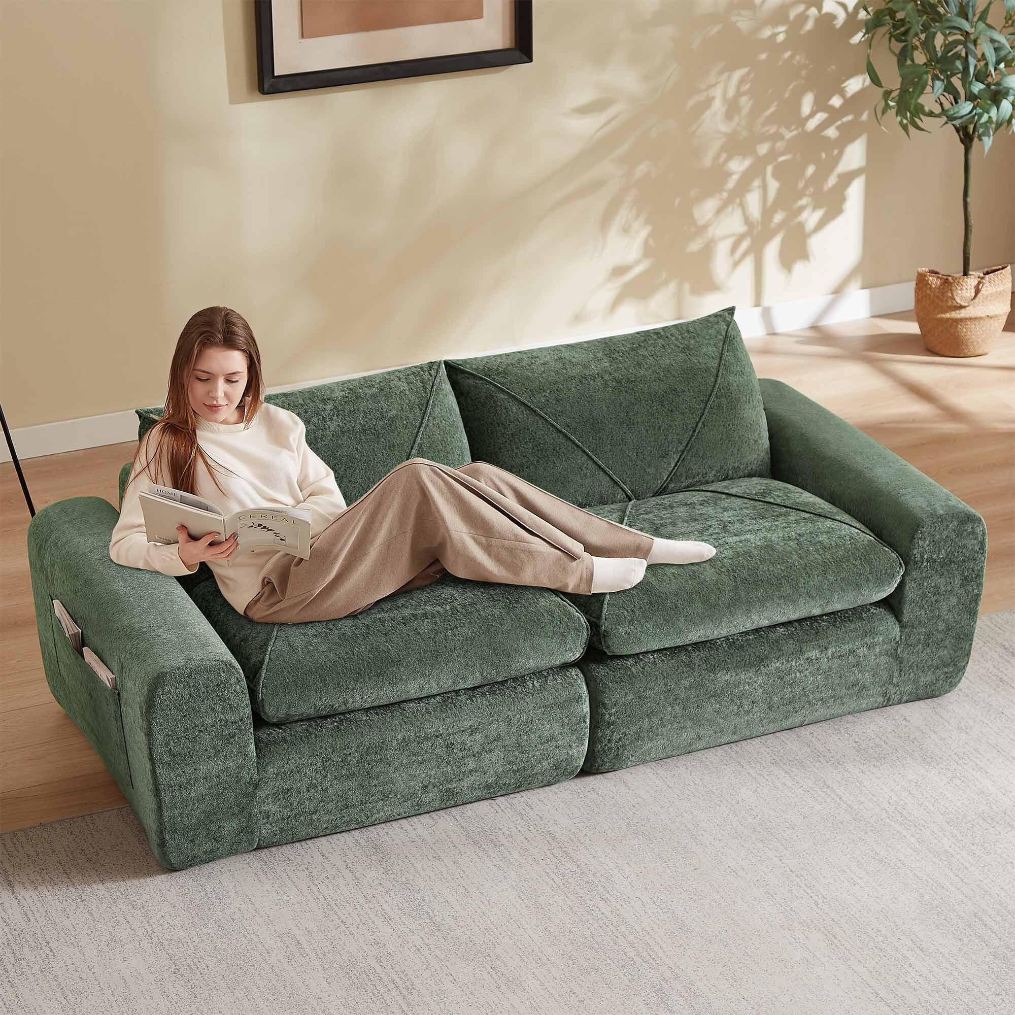 Lunale Small Boneless Cloud Sofa, Modern 2-Seater Chenille Couch with Side Pockets for Living Room, Apartment, Green