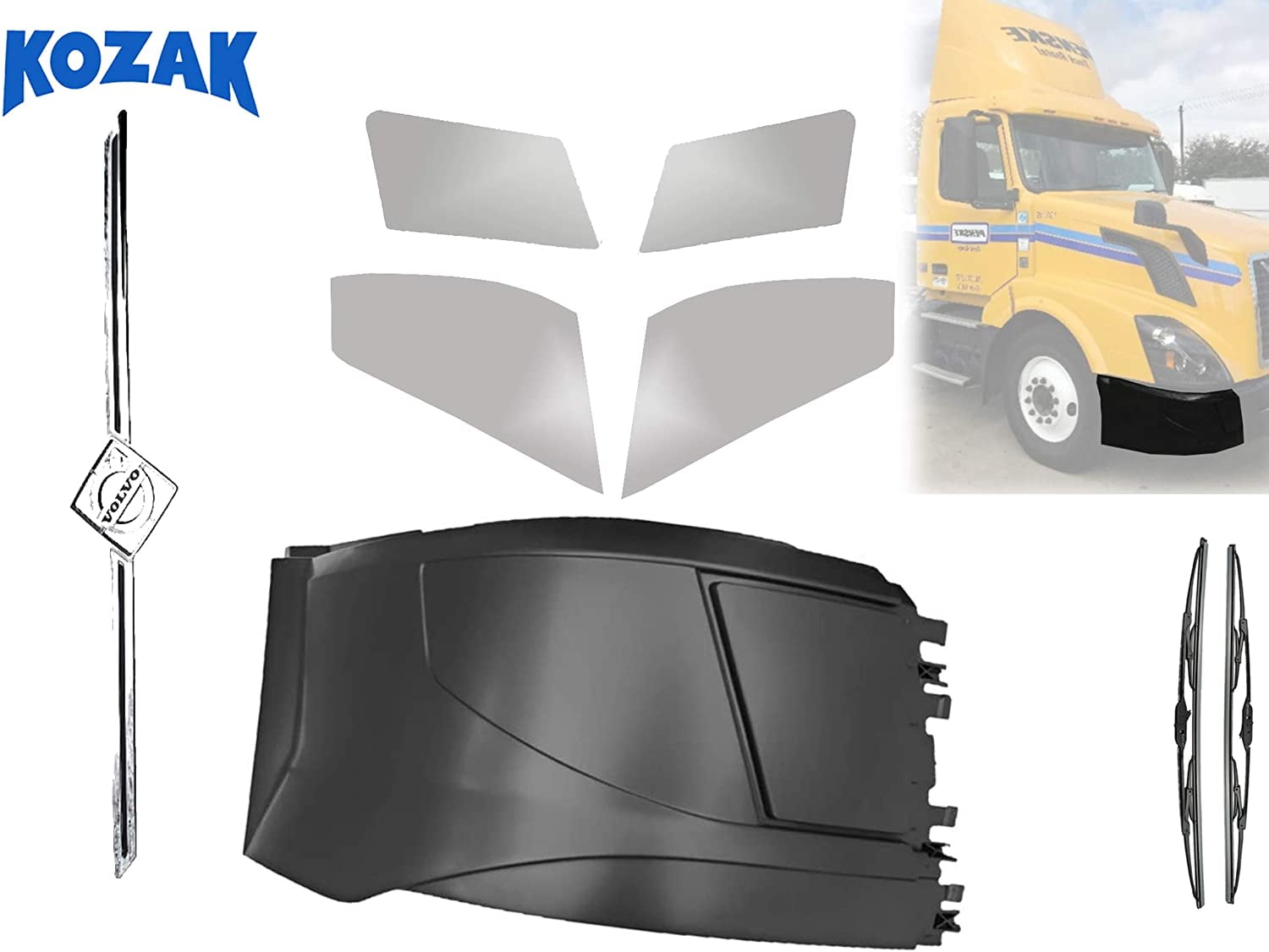Center Bumper Cover Behind The Headlight Chrome Trim Set Air Intake Vent Set Plus Volvo Grille Stripe Without Logo and Wipers Chrome Trim Cover Set Kozak Volvo VNL 2004-2015 Chrome Trim Set 
