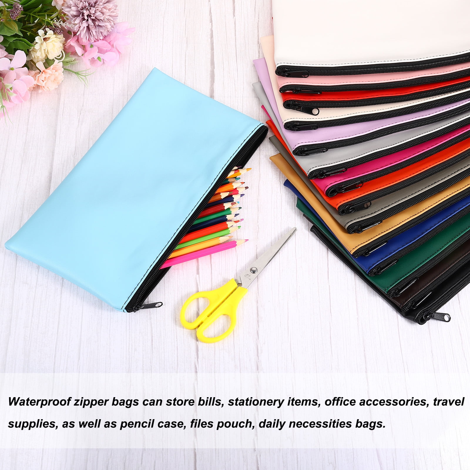 Unique Bargains Waterproof Zipper Bag Leatherette Compact Bills Pencil Pouch Sky Blue