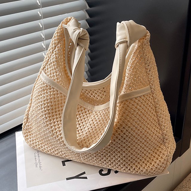 Bolso de hombro de paja para mujer Bolsos de viaje tejidos con costuras de PU con bolso pequeño (Beige) Sywqhk Para Estrenar