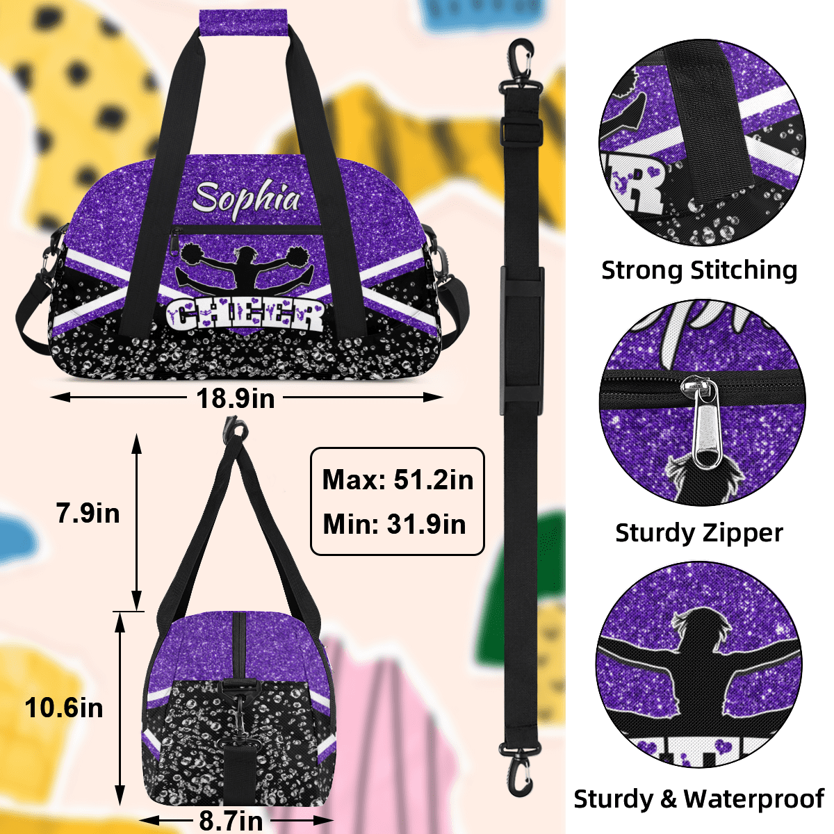 Jiaoprinted Personalized Cheerleader Bag Dance Bag, Custom Sport Gym Bag with Name, Customized Travel Duffel Bag for Cheer Team, Purple Glitter