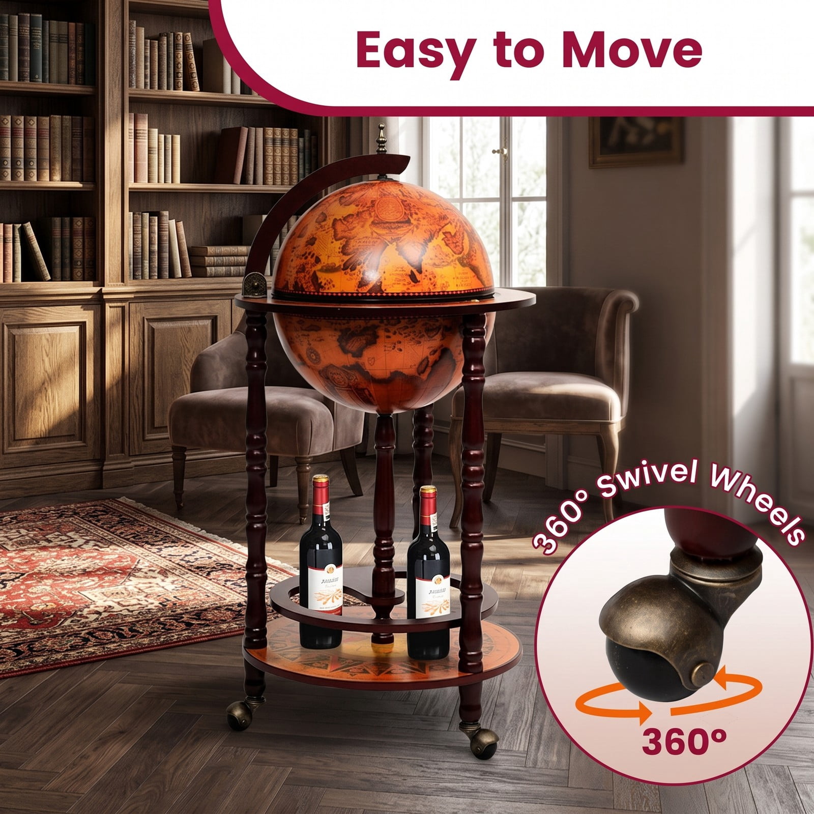 RUIE 16th Century Globe Wine Bar Stand, Freestanding Wood Wine Rack Cabinet with Antique Map Design for Living Room Bar Kitchen Storage, Brown