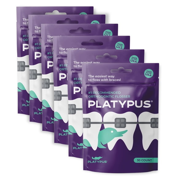 Platypus Orthodontic Flossers for Braces, 30 Count (Pack of 6), Ortho Picks for Adults & Kids, Fits Under Arch Wire, Non-Damaging, Encourage Flossing