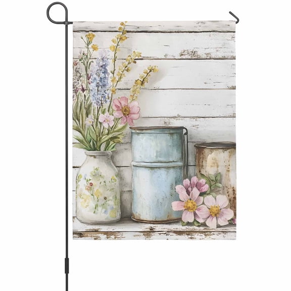 Spring Florals Garden Flags For Outdoor, Vintage Daisies Watercolor Plant Wood Texture Small Double Side Yard Flags Weather Proof Garden Decor for Lawn Outside Holiday 12 x 18 Inches