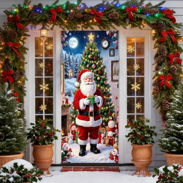Aodebiao 35 X 72 Inch Festive Christmas Door Cover Santa Claus Design Polyester Holiday Decoration for Front Door Wall Party Home Decor