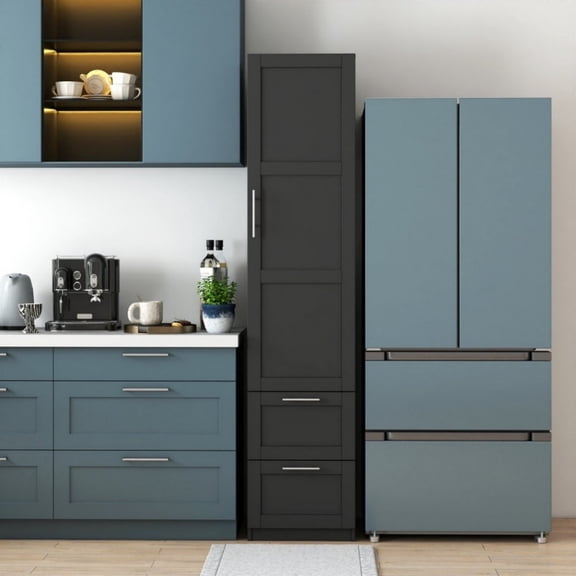 Kitchen Pantry Cabinet, Tall Freestanding Storage Cabinet with Door & 2 Drawers, Adjustable Shelves Organizer for Kitchen, Dining Room, Living Room, Black