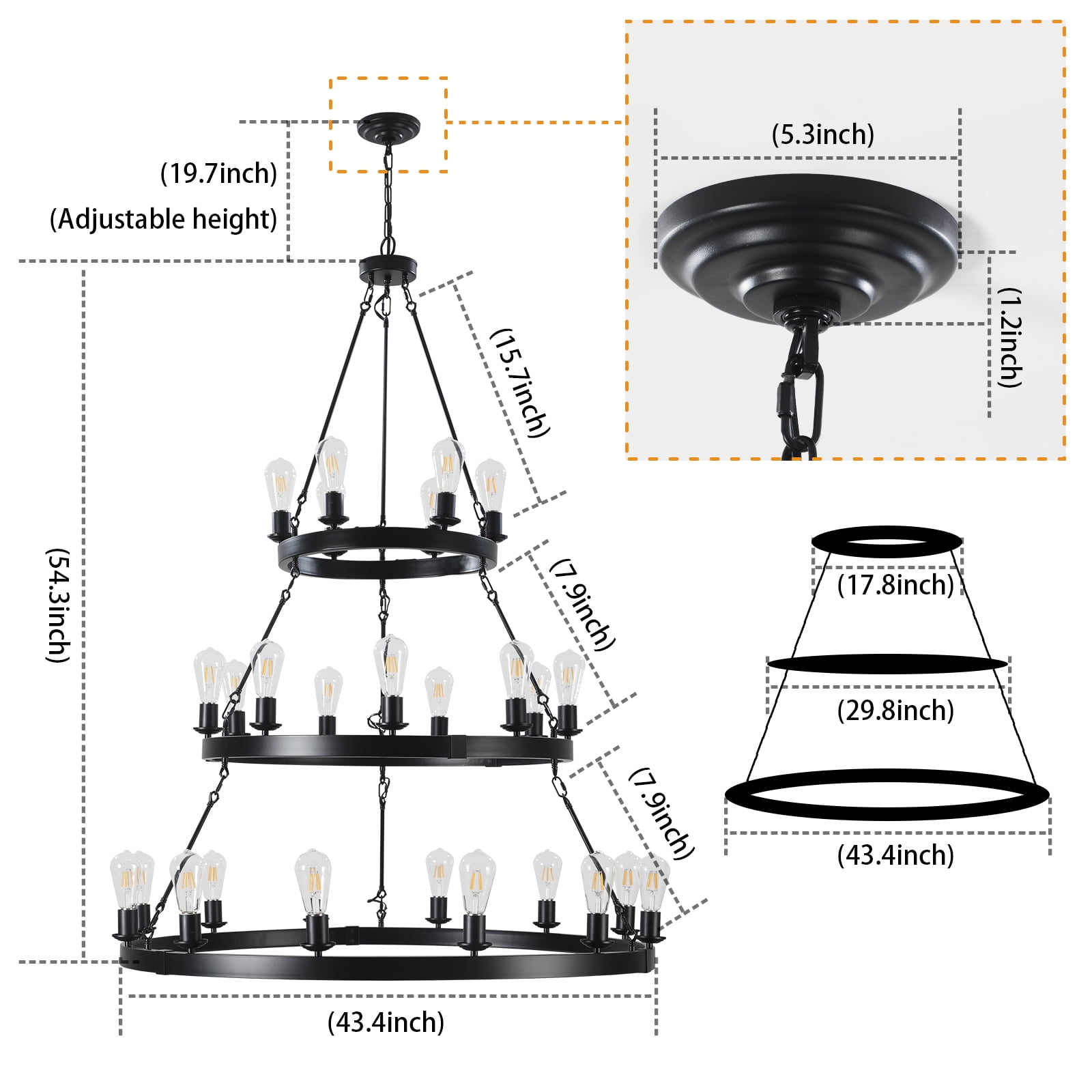 Wagon Wheel Chandelier 3 Tier 45-Inch 27 -Light, Farmhouse Industrial Chandelier Black Rustic Pendant Light Fixture Extra Large for High Ceilings, Living Room Foyer