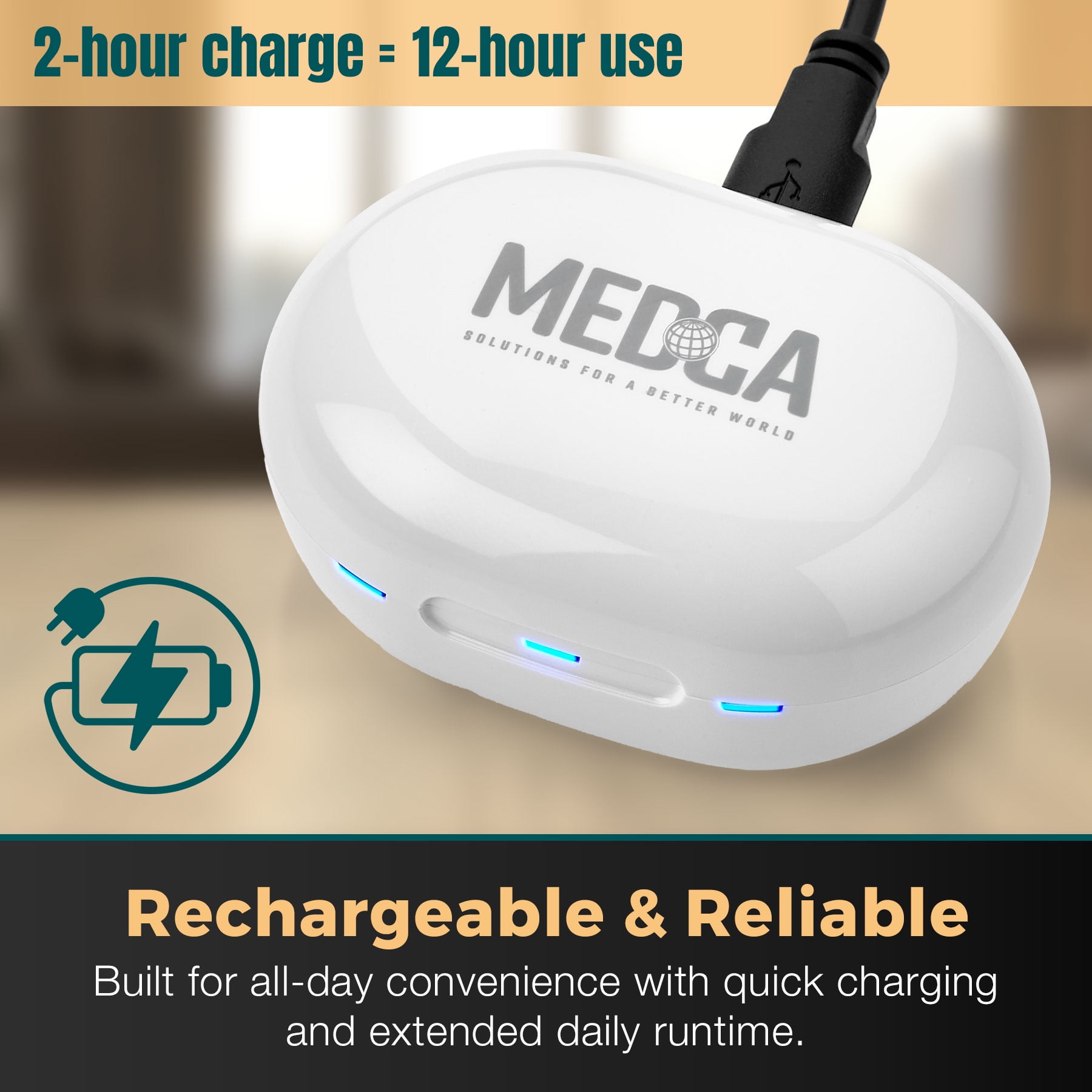 MEDca Digital Hearing Amplifier ITE Rechargeable 2 Piece Set Portable Charging Case - White