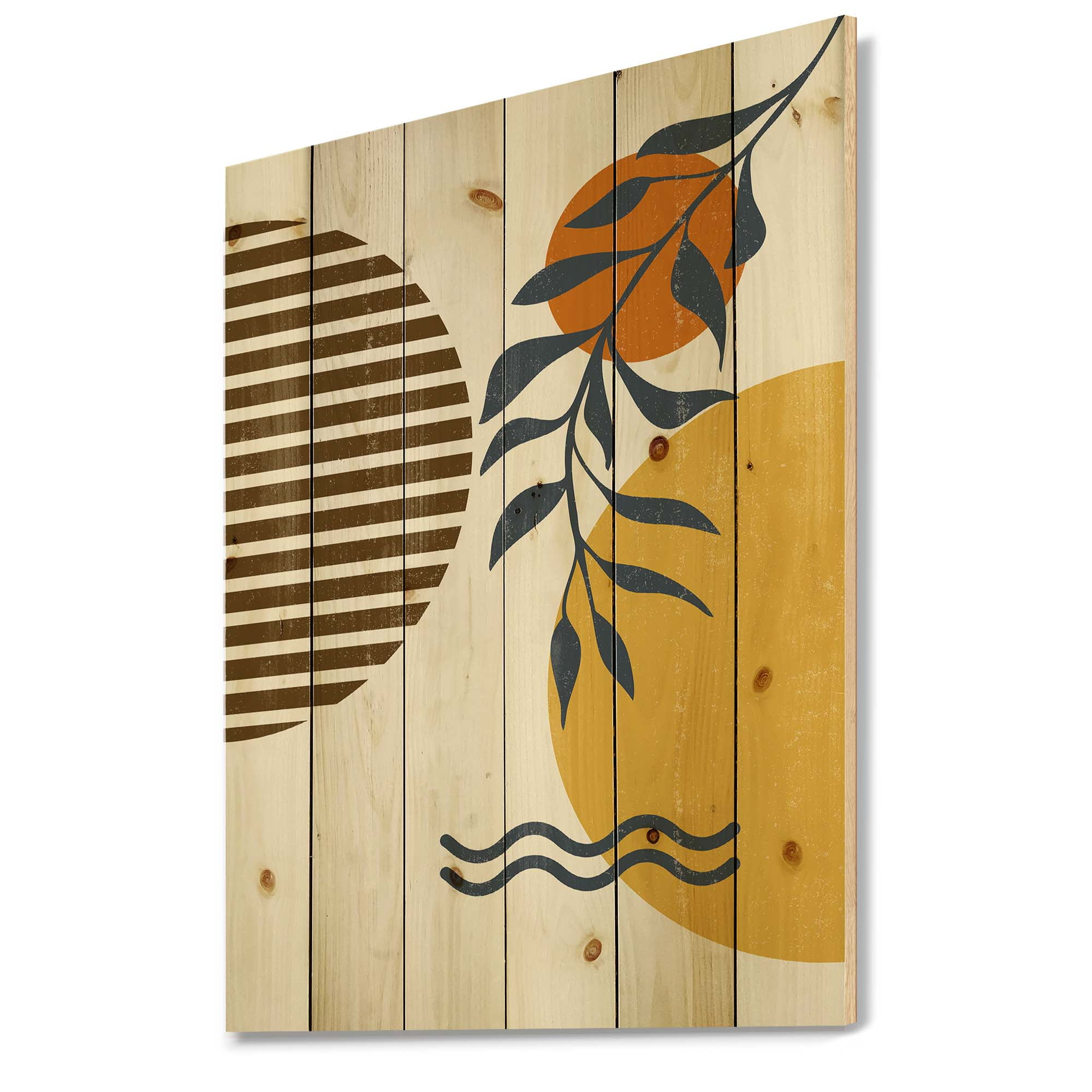 Designart 'Abstract Shapes With Botanical Minimalist Leaf I' Modern Print on Natural Pine Wood