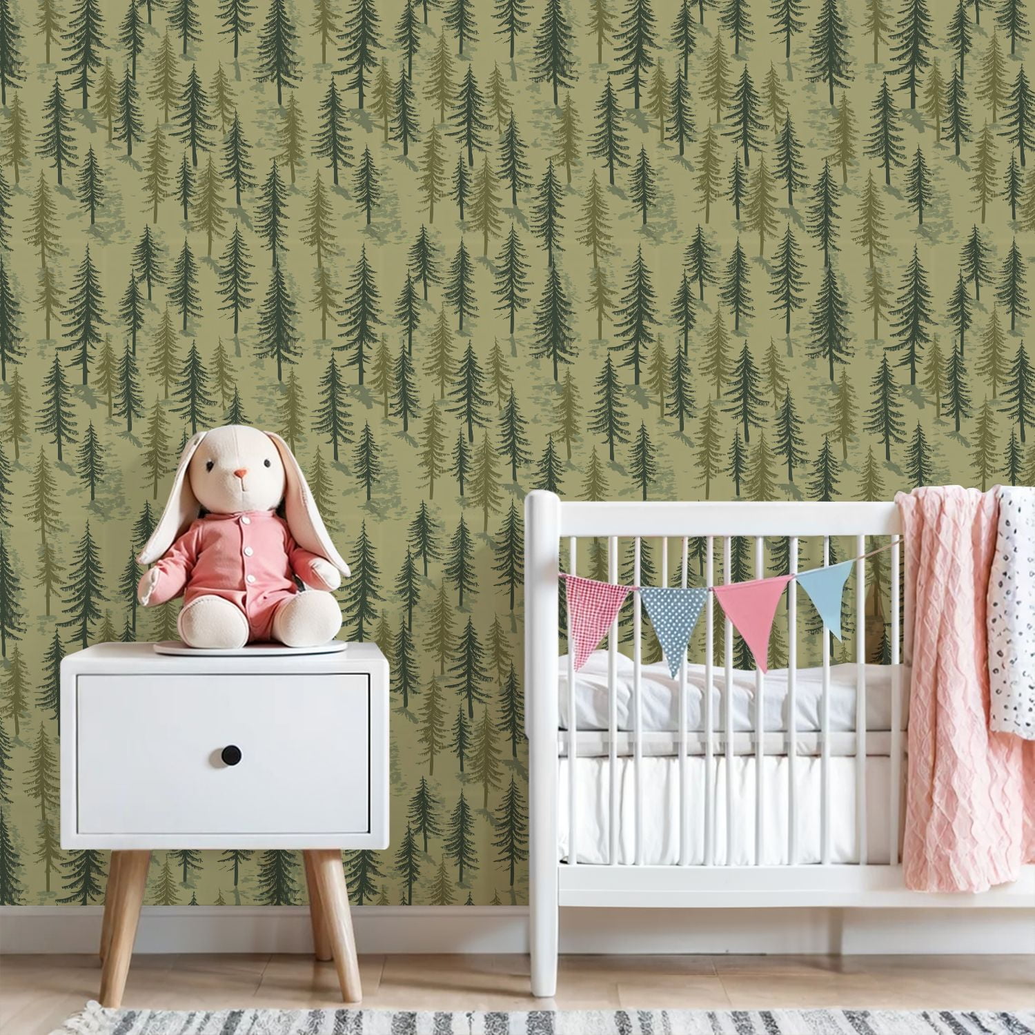 Peel and Stick Wallpaper Seamless Pine Tree Forest Green Tones Wall Mural 23.6in x 9.8ft Self Adhesive Removable Wall Paper Renter Friendly Wallpaper for Nursery Bedroom Cabin Decor