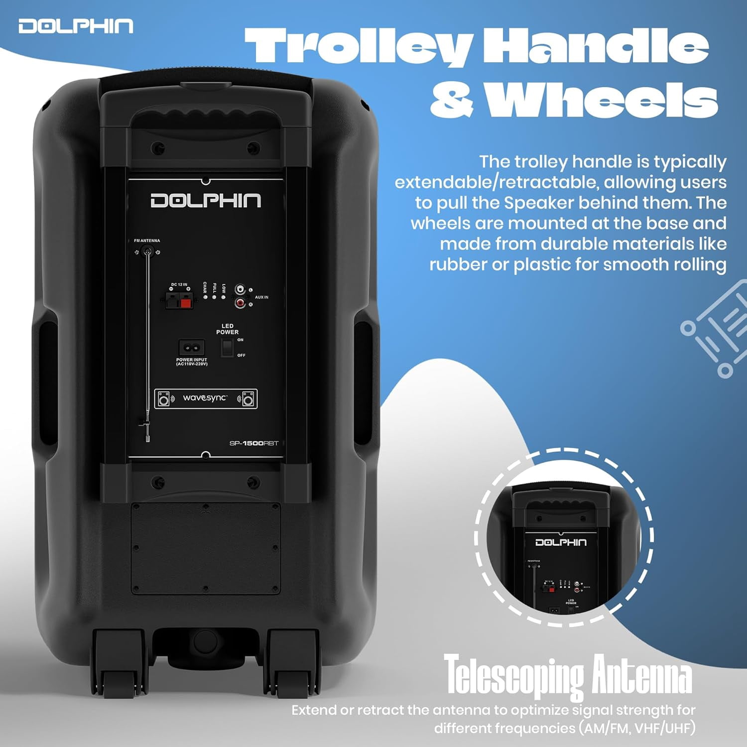 Dolphin SP-1500RBT BoxParty 1500: High Power 15" Woofer w/Loud & DEEP BASS | Portable Party Bluetooth Speaker with Sound Activated Lights