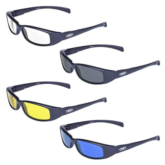 4 Pair Global Vision New Attitude Black Sport Motorcycle Riding Sunglasses 1 with Clear Lens 1 with Smoke Lens 1 with Yellow Lens and 1 with Blue Lens