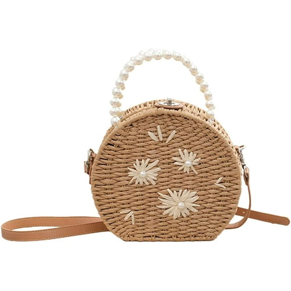 CoCopeaunts Round Straw Crossbody Bags for Women Small Handwoven Tote Bag Summer Beach Bag with Pearl Handle
