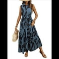 thumbnail image 3 of Vestido Maxi Floral de Verano para Mujer, Cuello Abotonado, Cintura Anudada, Volantes Escalonados, Sin Mangas, Estilo Bohemio, Azul XL, 3 of 9