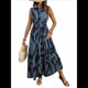 thumbnail image 3 of Vestido Maxi Floral de Verano para Mujer, Cuello Abotonado, Cintura Anudada, Volantes Escalonados, Sin Mangas, Estilo Bohemio, Azul M, 3 of 9
