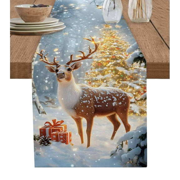 Ldtrchee Christmas Table Runner 72 Inches, Glowing Xmas Tree Reindeer Forest Winter Bed Runner Dresser Scarves Tabletop for Indoor Outdoor Parties/Ceremony/Banquet, 13" x 72"