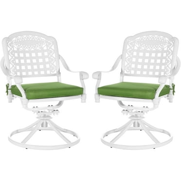 MEETWARM 2 Piece Patio Dinning Swivel Chairs Rocker, Outdoor All-Weather Cast Aluminum Chairs with Cushions, Patio Bistro Dining Chair Set for Garden Deck Backyard, White