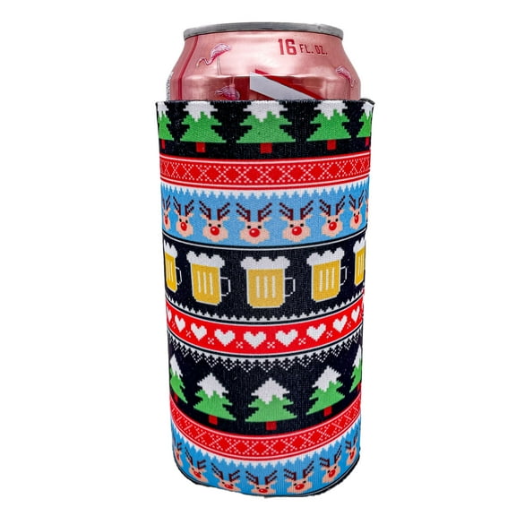 Christmas Reindeer and Beer Mug Pattern 16 oz. Can Coolie