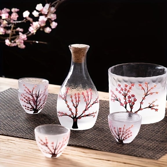 6pcs Set Of Japanese Cherry Blossom Glass Sake, Handmade Glass Decanter And Cup, Retro Pink Cherry Blossom Design, Hand Wash Only, Suitable For Hot Or Cold Drinks, Elegant Gift Set