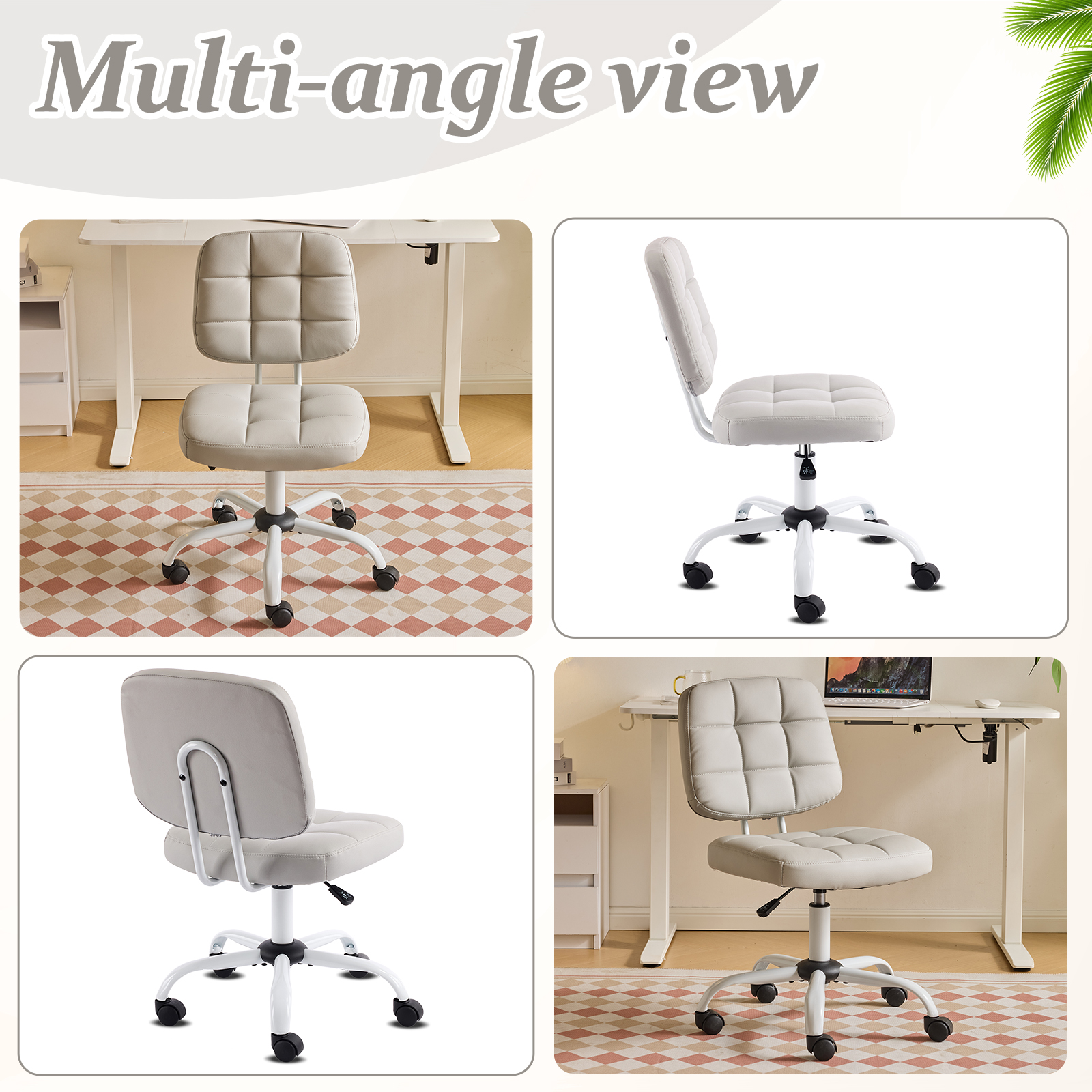 Ktaxon Armless Office Chair with Star Base PU Swivel Task Chair with 9-Grid Design for Study Room or Dressing Area Light Gray