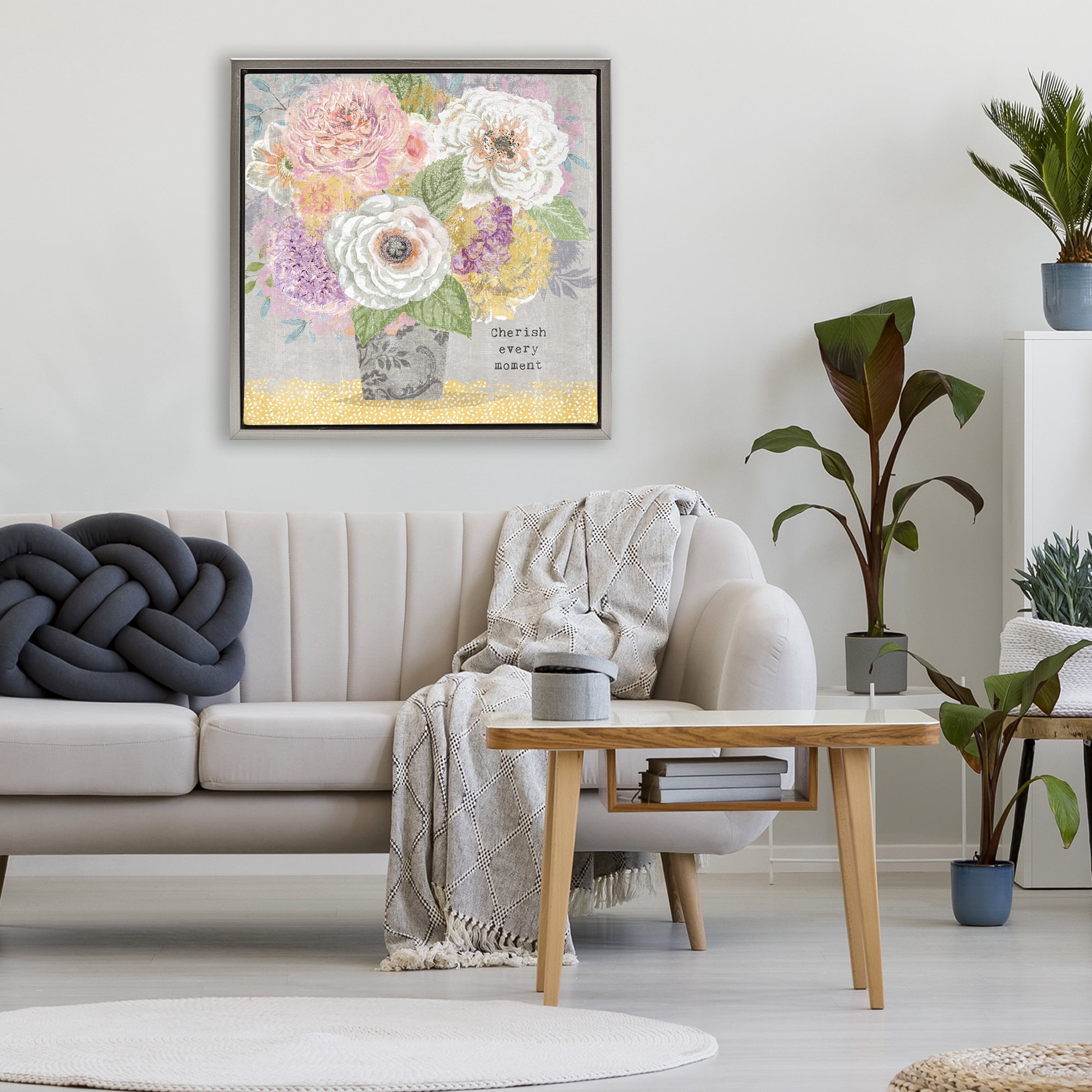 Stupell Industries Cherish Every Moment Inspiration Gray Framed Floater Canvas Wall Art, design by Suzanne Nicoll